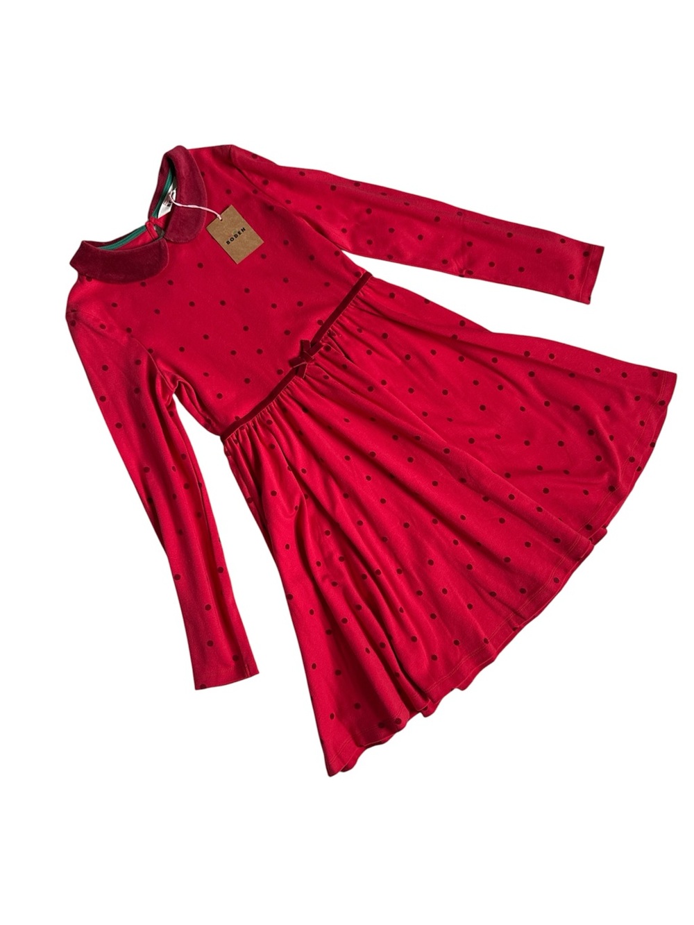 NWT Mini Boden Girls' Red Velvet-Collar Polka Dot Fit & Flare Dress 11-12y